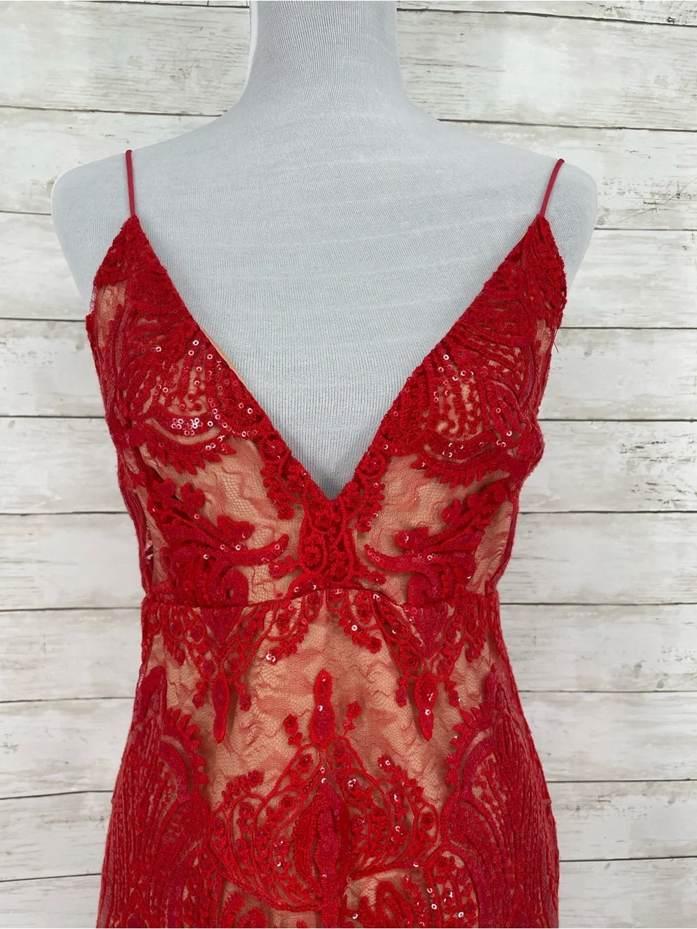 Free People Night Shimmers Red Sequin Lace Mini Slip Dress Size 12 NWT Deep V